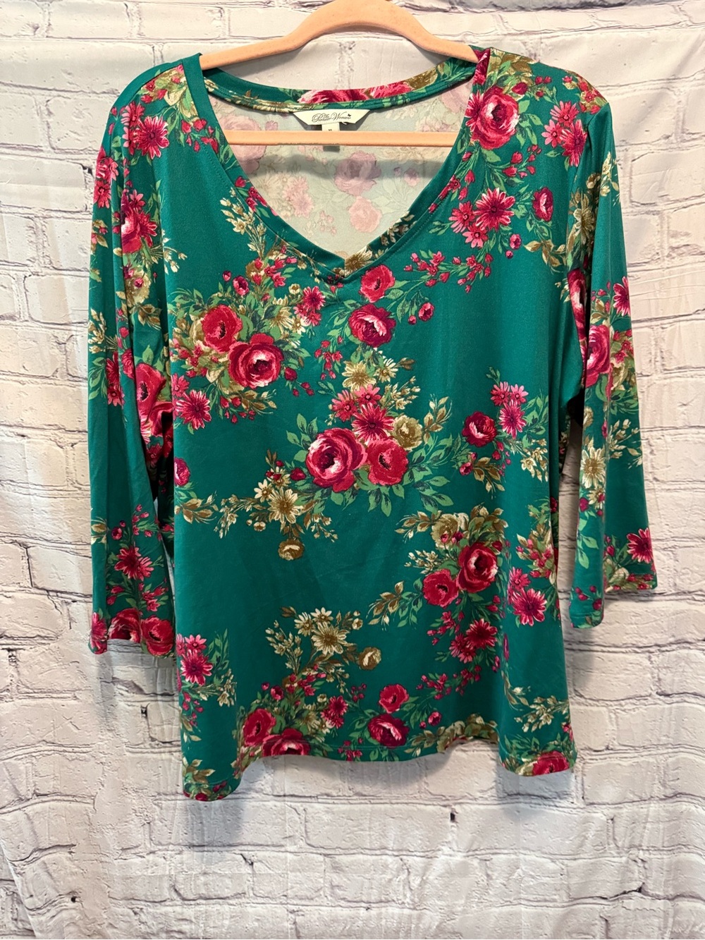 Floral V-Neck Women's Top in Teal and Pink